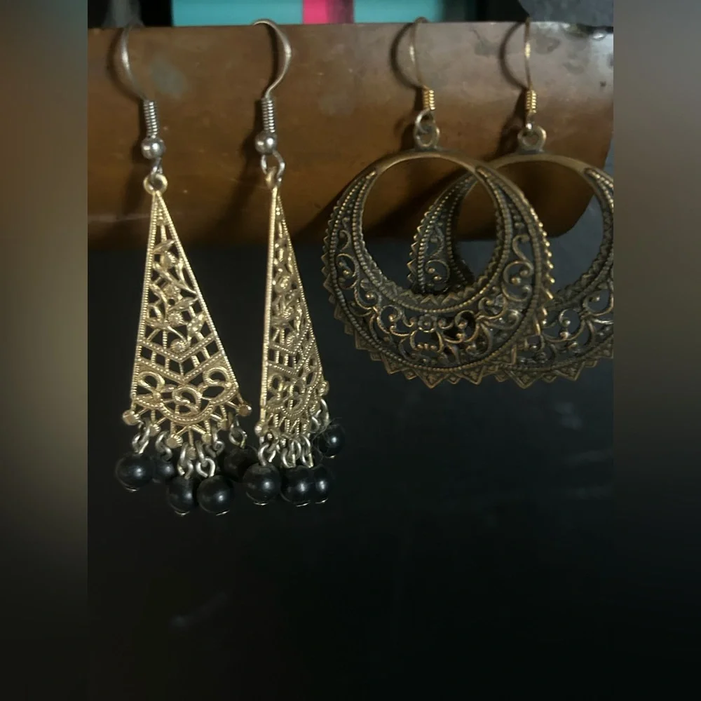 Lot of 2 Brass Boho Filigree Beaded Earrings